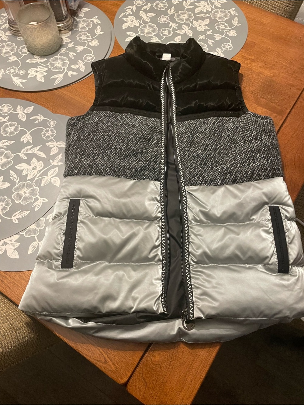 Colorblock Puffer Vest in Black and Silver Gray with small black studs
